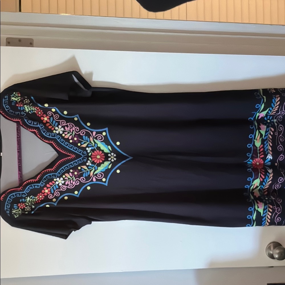 Embroidered Black Dress with Colorful Patterns